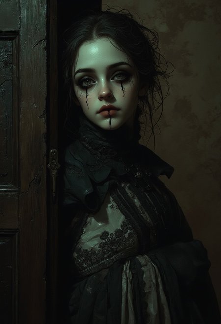 Create an intricately detailed, hyper-realistic head-and-shoulders portrait of an aging, cracked Victorian-era porcelain and paper-mâché doll. She is small in stature, no bigger than a small child and peers around the edge of a dark wooden doorway, her delicate porcelain fingers barely visible as they grip the frame. A deep, jagged crack splits her forehead, and her glossy black void-like eyes lock onto the viewer with a sinister, knowing grin. A cold, unnatural glow from behind silhouettes her figure, casting an eerie halo around her wild, dust-matted curls. Her once-elegant Victorian gown, adorned with tattered lace and intricate embroidery, clings to her fragile frame, the frayed edges barely catching the dim light. The peeling wallpaper behind her reveals darkened wood panels, their surfaces warped with time. Wisps of dust swirl in the air, illuminated by the unsettling backlight, as faint whispers seem to emanate from the shadowed hallway beyond. The air is thick with haunting elegance, a perfect balance of beauty and creeping dread as she lingers in the doorway, watching… waiting.