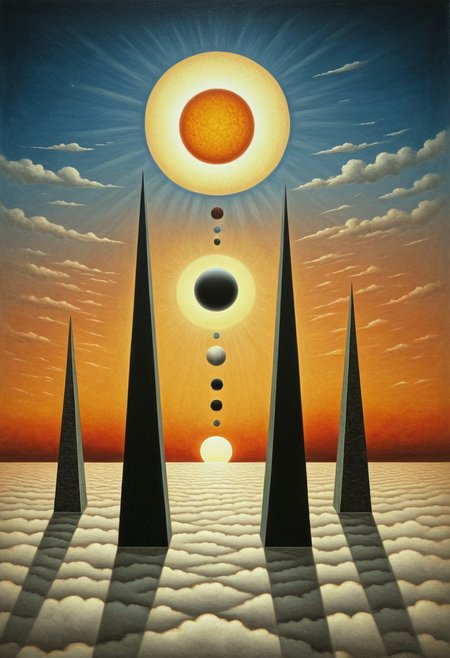 Futuristic Citadels Above the Clouds : 
Smooth, chrome-like towers pierce a sea of dawn mists. Warm sunrise hues dust the reflective surfaces of the buildings, melding sci-fi geometry with serene fog. Jupiter, Saturn, and Mercury align in an eclipse of the sun. The time of reckoning is upon us.
Style tags: Surrealist art, Rafal Olbinski, René Magritte, Jean Arp, Frida Kahlo, Jan van Eyck, William Hogarth, Pierre-Auguste Renoir, Xidong Luo, Kazimir Malevich, nvcmsdx, dunn, traditional media, abstract, painting (medium),
