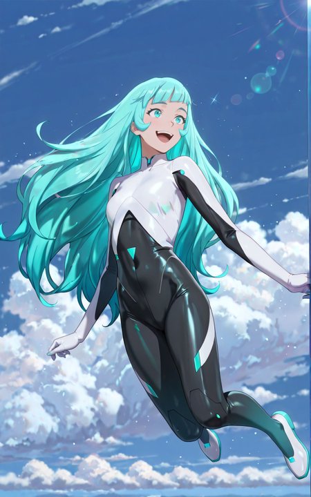 ((Masterpiece, Ultra Detail, Best Quality, Anatomically Correct, Fullbody View)) 
Flying Stance, in the Sky, looking excited
<lora:Mist_Pantheon:1> M1st, 1girl, aqua eyes, aqua hair, long hair, bangs