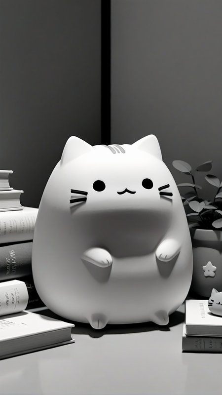 <lora:3DPrintingXL:1>,whitemold,3d printed mold,art style,greyscale,monochrome, Pusheen, 1character, solo, cat, chubby, cute expression, wearing a pastel-colored outfit, sitting in a cozy corner with books, soft lighting.
