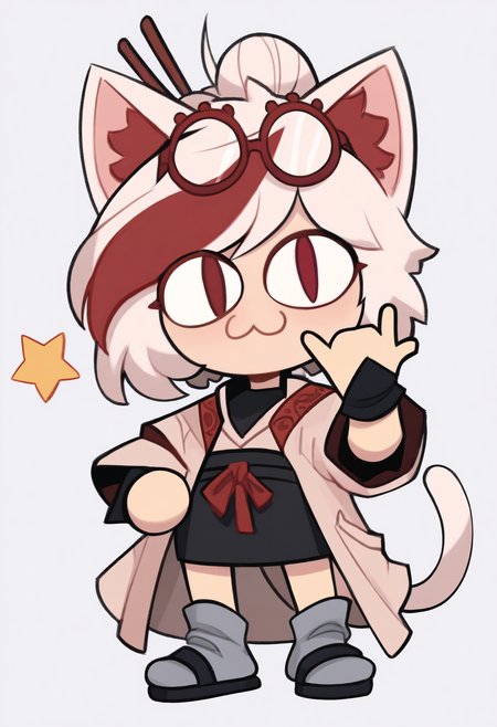 masterpiece, best quality, absurdres,  1girl,noccen,animal ears, :3, chibi, cat tail, animal ear fluff, slit pupils prhacn11, red-framed glasses, eyewear on head, red eyes, white hair, streaked hair, white coat, black shirt, black skirt, red trim, black cuffs, hair sticks,grey socks,sandals,\\m/, star \(symbol\) <lora:prhac_n11:0.8>  <lora:necoarccon-guy90-Illust-LycorisV1:1>