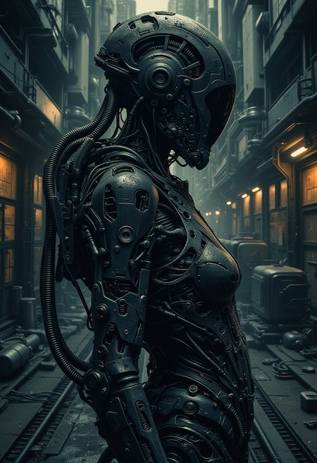 YFG-Zaat, Realistic Photography, female cyborg in a cyberpunk city alley at night, Cyber-Samurai, high action pose, highly detailed, reflective armor, shadows, otherworldly, interesting color pallet, Stunning visuals, Texture