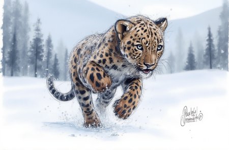 Sharp image of a rough sketch, rendered in vibrant multi colour ballpoint pen, capturing the adorable features of a close-up of a black leopard cub running in the snow. The cub is in mid-stride, with its body slightly turned to the side and its tail curled around its body. Its fur is covered in snowflakes, and its eyes are focused intently on something in the distance. The background is blurred, but it appears to be a snowy landscape with trees and mountains in the background. The overall mood of the image is cold and wintery.  p3nsk, <lora:p3nsk:1>