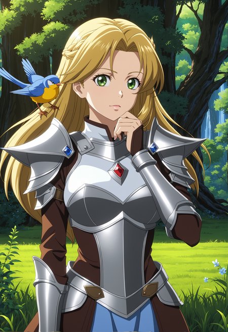 krystal_boyd,<lora:lycoSDXL\krystal_boyd_sdxl_50.safetensors:1.0>, 
anime screencap, beautiful detailed anime girl, dark forest background, intense gaze, wind blowing through hair, dynamic lighting, dramatic pose, armor, fantasy setting, intricate details.
Chiaroscuro lighting – Strong contrasts between light and dark, creating a dramatic effect.Brightly colored birds perched on branches – Brings in elements of wildlife and sound.A small clearing with soft, green grass – Provides a focal point within the dense forest.One hand touching the chin, in a thoughtful or contemplative pose













