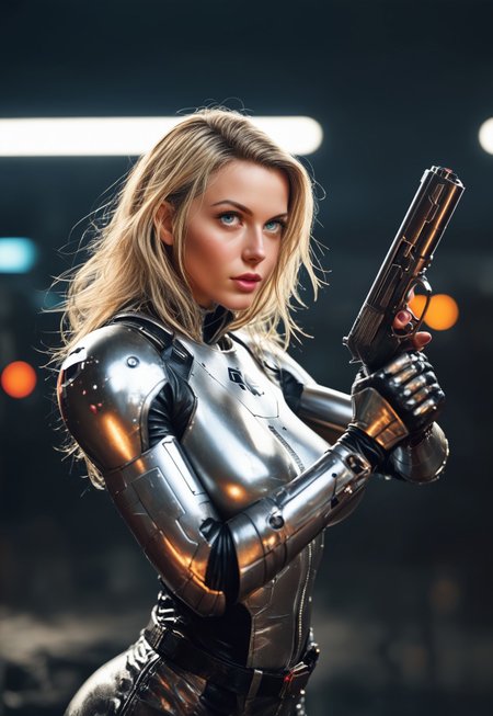 RAW photo, Hyper realistic, realistic photo, masterpiece, stunning, best quality, expression, a highly detailed, young beauty woman, ((style robocop))), steel modern armor, curvy body, highly detailed, blonde, dynamic angle, ultraHD
dynamic pose
BREAK
(((full-clothed))), ((long big pistol in hands, big handgun in hands)) 
cyberpunk city background
 (8k uhd:1,4)
 <lora:add-detail-xl:1>
 <lora:Dynamic Poses:1>