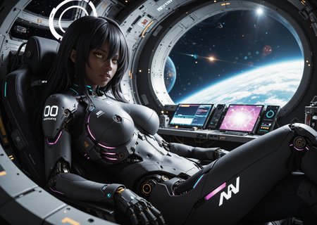 cyborg 1girl, angular, science fiction, futuristic, scenery, (karin \(blue archive\):1.0), sitting in space station, parted lips, mechanical torso, looking at viewer, black hair, yellow eyes, hair between eyes, dark skin, long hair, purple halo, creative angle, head tilt, (dutch angle, dynamic pose:0.9) BREAK masterpiece, best quality, absurdres, HDR, 8K, high contrast, film grain, cinematic lighting, realistic, depth of field, bokeh, neon trim, newest, aidmafluxpro1.1 <lora:- iLL - the_edgy_mech_V3.0:0.4> <lora:aidmaFLuxPro1.1-IL-v0.3:0.2> <lora:Hyper Helmets SDXL v1.0:0.5> <lora:CyborgMechExosuit_v1.5:0.7> <lora:ck-Sci-Fi-Concepts-IL-000015:0.15>âââ