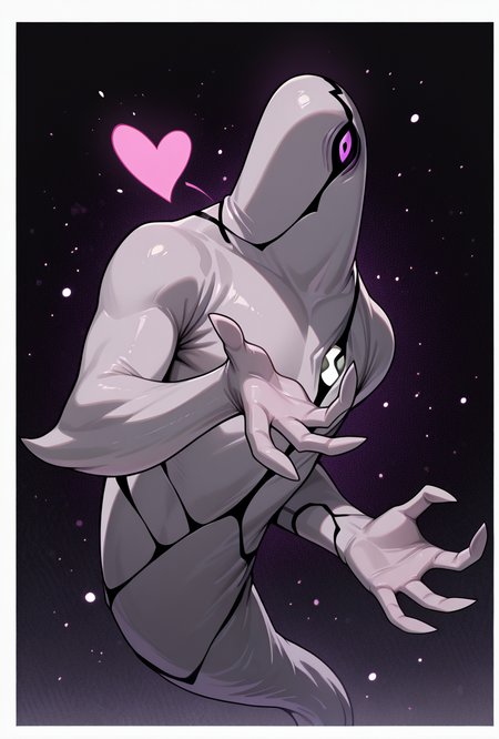 <lora:ghostfreak-07:1> ghostfreak, solo, no humans, purple eye, ghost, floating, particles, dynamic pose, upper body, claw pose, clawing hands,,  big arms,  leaning to side, zoomed in shot,  <lora:FrierenBlowingKissMeme_illusXLNoobAI_Incrs_v1:1> blowing kiss, heart, puckered, masterpiece, best quality, amazing quality, very aesthetic, absurdres, newest,, upper body, halftone effect, white borders, abstract background:1.2,