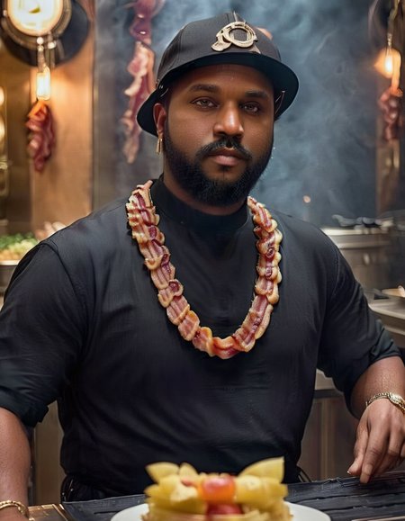Food photography style jewelry, realistic, earrings, beard, facial hair, necklace, bacon, blurry background, looking at viewer, 1boy, male focus, black hair, dark skin, dark-skinned male, hat, mustache, upper body, dramatic cinematic light, professional fine detail, polished, complex, elegant, sharp, very coherent, intricate, detailed, extremely color
 <lora:BaconXL-000009:1>, , <lora:FILM_PHOTOGRAPHY_STYLE:0.25> . Appetizing, professional, culinary, high-resolution, commercial, highly detailed