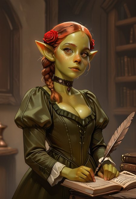 masterpiece, best quality, a 1girl, Marla, 20 year old, choker, dress, looking_at_viewer, rose, green_dress, colored_skin, freckles, young goblin, green_skin, 1girl, braid, solo,  cleavage, flower, holding, book, juliet_sleeves, pointy_ears, quill, brown_eyes