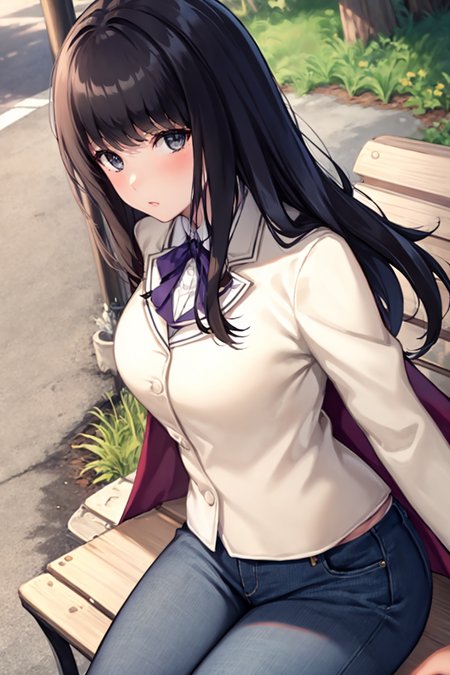 touko, 1girl, solo,park bench,fur-trimmed cape,jeans, simple background, blazer, looking at viewer<lora:toukov2:1>