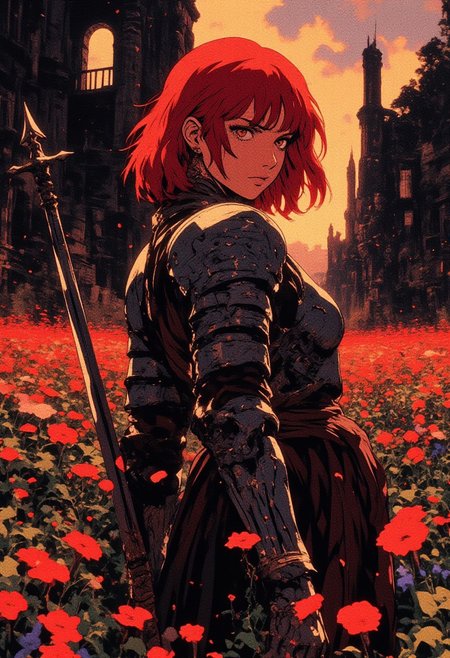 full body shot, masterpiece, best quality, 1girl, extremely beautiful, medium large breasts, slender body, curvy,  wearing nordic clothes, mystic jewelry, model pose, perfect composition, ((Simple Empty Plain black hypnotic aura chaos Background)), seductive smirk, cute, very pretty, sexy, subtle, simple, close up, female, girl in armor, short red hair, tired, around a field of flowers, sunset, ruins