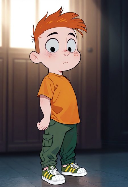 masterpiece, best quality, amazing quality, very aesthetic, absurdres, newest, volumetric lighting, 
cinematic, intricately detailed illustration, depth of field, masterpiece, best quality, amazing quality, very aesthetic, absurdres, newest, 1boy, male focus, cute boy, solo, Adam Lyon, Black Eyes, Orange Hair, Freckles, Orange Shirt, Green Pants, Red and Yellow Striped Shoes, 15546+456868