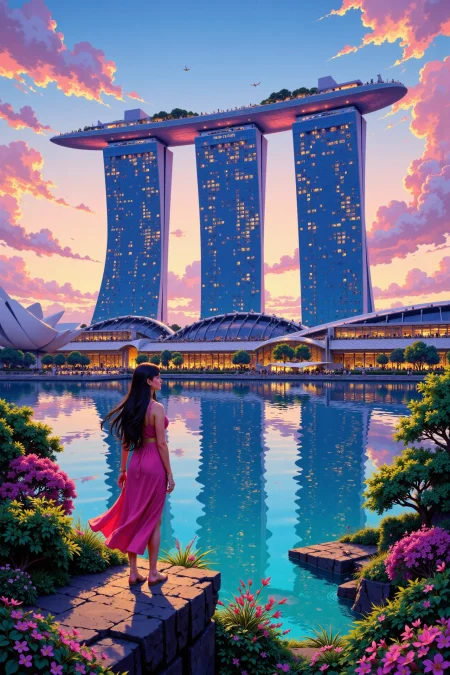 Marina Bay Sands in Singapore beautiful anime landscape, early morning, woman, very intricate, very detailed, sharp, bright, colorful, <lora:Hand v2:0.5> <lora:Anti-Blur:1><lora:Insane Detail Slider:0.25>  <lora:flux.1_lora_flyway_Epic-detail_v2:0.3> <lora:fluxenhancer:0.25> <lora:ROWER:0.6> <lora:flux-charmer-v1-1:0.4> <lora:Colorful_Fantasy_Art_for_FLUX:1> fantasy art