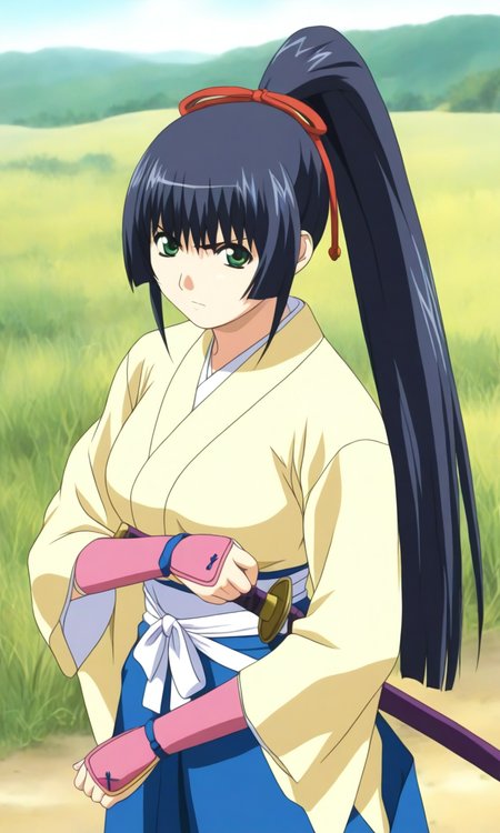 general,highres, ultra-detailed,very aesthetic,best quality ,best hands, BREAK <lora:Kurama-hime_Hininden_Gausu_IS:1>
Kurama-hime(Gausu), 1girl, solo, long hair, ponytail, sidelocks, bangs, blue black hair, hair ribbon, red ribbon, green eyes, medium breasts,
weapon, sword, ribbon, upper body, nature, katana, sheath
japanese clothes, pink arm protector, Yellow kimono, long sleeves, hakama skirt, blue hakama, white sash,
serious,looking at viewer, cowboy_Shot,
natural, grass, day, outdoor,
