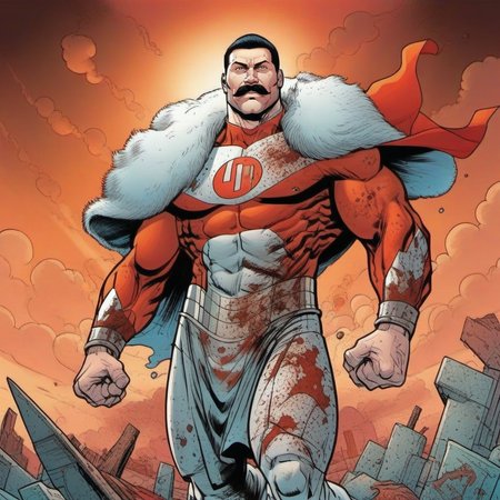 comic a (((full body portrait)))  muscular man with a moustache in a white and red bodysuit, flying in the sky <lora:Thragg1024:0.8> . graphic illustration, comic art, graphic novel art, vibrant, highly detailed