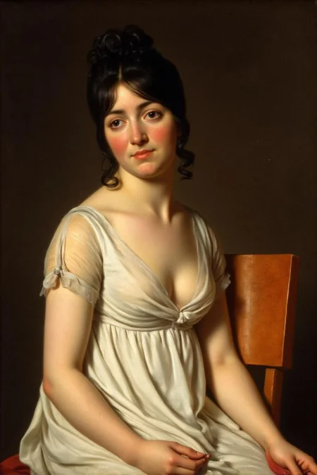 jldavid1 painting.
A woman with a fair complexion and dark, wavy hair styled in loose waves, adorned with a few strands falling over her forehead. She gazes directly at the viewer with a serene expression. She is dressed in an elegant, high-waisted white gown typical of the late 18th century, characterized by a draped, flowing fabric that accentuates her slender figure. The dress features delicate, sheer sleeves and a modest neckline. <lora:jldavid1_cap_d6a3:1.0><lora:815783807857970303:0>