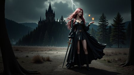 a long pink wavy haired woman with pale skin,dressed in a long,black,gothic-style dress and wearing a necklace with a plunging neckline and thigh-high boots. She holds a sword and two fire orbs in her right hand,standing in a dark,stormy forest. Behind her,a towering,ominous castle looms under a lightning-filled sky. The scene is eerie and fantastical,with a Gothic atmosphere.,<lora:yuukananri-base-02-flux:0.8>,yuukananri,she has a slender physique and a petite build,<lora:aidmaMJ6.1v0.4:0.6>,aidmaMJ6.1,