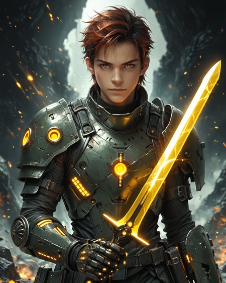 score_9, score_8_up, score_7_up, intricate details, rating_questionable, fantasy setting,
<lora:homri52:1>,
<lora:Plasma_Sword:1>,
1boy(human, young man, japanese, black hair, auburn eyes, science fiction, mercenary, carbon fiber armor, holding a plasma sword, glowing yellow Plasma Sword, crackling yellow energy around the sword, solo, cowboy shot), alien battlefield, craters, trenches, detailed background, depth of field, 
best quality,
<lora:ral-chrosc-clr:0.5>, ral-chrosc-clr,
<lora:Expressive_H:0.5>
<lora:xl_more_art-full_v1:0.3>,
<lora:add-detail-xl:0.3>,