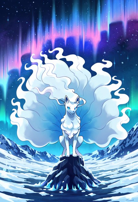 masterpiece, best quality,    zzNinetalesA, moonlit glacier, glowing ice crystals, northern lights, crouched low, ready to pounce. Beneath an aurora-drenched sky, zzNinetalesA slinks silently across the glowing ice. Its paws glide with ghostly grace over a field of glimmering crystals. It pauses mid-step, body low and tense, as if the next movement might shatter the worldâs stillness.   <lora:NinetalesAlolanPokedex_IXL_v1:1.0>,