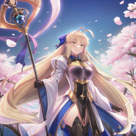 <lora:castoria:0.75>, 1girl, parted lips, highly detailed, intricate, white background, masterpiece, best quality, wallpaper, hdr, high definition, ahoge, blonde_hair, long_hair, smile, standing, yellow_eyes, solo focus, blue_ribbon, breastplate, ribbon, thighhighs, cherry blossoms, , holding, sword, weapon, staff, castoria