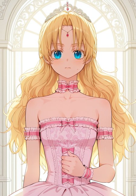 zPDXL3, score_9_up, score_8_up, score_7_up, ,Masterpiece,(perfect female body:1.2), small waist, (incredibly detailed:1.4), beautiful fingers, (small breasts)  looking at viewer,  <lora:Athanasia_-_Who_Made_Me_a_Princess-Kaleid_Illustrious:1> athanasia, 1girl, blue eyes, blonde hair, long hair, parted bangs, yellow eyelashes, forehead jewel, pink choker, tiara, frills, pink dress,