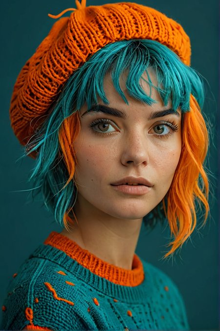 minimalist photo of a 25-year-old woman with (teal hair:1.2) in a messy bob haircut wearing an orange beret and an orange knitted jumper, slightly tussled hair, natural skin, realistic skin texture, skin pores, (skin oils:0.6), (teal background:1.2), photorealistic, hyperrealism, <lora:- SDXL - vanta-black_contrast_V3.0:0.6> <lora:MJ52:0.2>