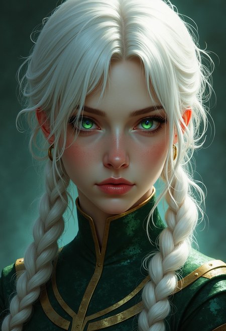 D&D style female portrait, fantasy, by Edward Julius Detmold, digital art, In a world where woman have come to life, the iconic portrait of one has been brought to life. The portrait is made entirely out of shimmering acrylics, with intricate patterns. Her eyes, once dark, in focus, Sci-Fi, detailed face, frieren, white hair, twintails, gorgeous lighting, light glow green eyes,