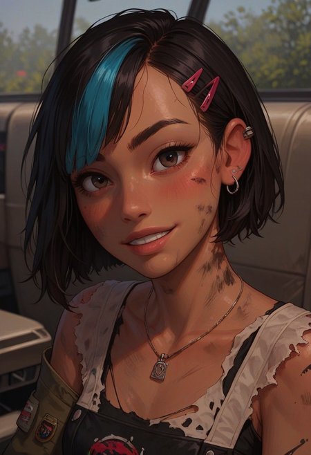 score_9, score_8_up, score_7_up, score_6_up, 
1girl, 25 years old, perfect face, cute, petite, detailed face, close view, 
dark eyes, (dirty face),  dirty, black paint, 
dark skin, Latina,
streaked hair, short hair, black hair, blue hair, asymmetrical bangs, hair ornament, hairclip, earclip, eyebrow cut,
brown top tank, torn top tank,
cars, service, 
blush, shy smile, portrait, face focus,