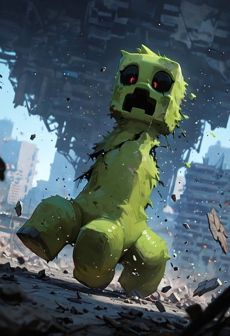 masterpiece, best quality, amazing quality, very aesthetic, absurdres, newest, , detailed background, 
 movie scene, cinematic scene, cinematic, foreground blur, depth of field, 
crpr, no humans, full body, pokemon (creature), open mouth, black sclera, black mouth, green skin
in city, destroyed city, shattered buildings, chaos, floating particles,