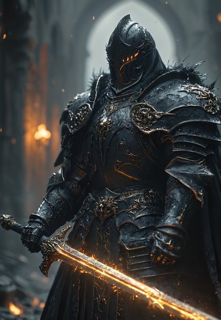 masterpiece, best quality, hyper detailed, ultra detailed, super realistic
Amid a raging storm, a shadow knight stands—a harbinger of doom and fire. His obsidian-black armor, adorned with intricate gold filigree, bears the scars of countless battles. A heavy, fur-lined cloak drapes over his broad shoulders, shrouding him in darkness. Beneath the hood, a menacing helm conceals his face, save for the fiery glow of his eyes, burning like embers from the abyss.

In his grip, a blade of molten fire seethes with raw power, its edges pulsing with infernal energy. Raindrops sizzle as they meet the heated steel, vanishing into rising steam. The storm howls around him, wind and ash swirling in his wake as if nature itself fears his presence. Behind him, the world is cloaked in shadow, the faint glow of distant destruction illuminating the battlefield.

He is more than a warrior—he is a dark sentinel, an omen of war, forged in the crucible of chaos, and destined to bring ruin to all who stand in his path.