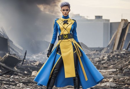 1girl, fashion, high quality photo, Runway fashion, beautiful model, striking features, strange outfit colored blue yellow and black, X-Men logo belt,sfw, battle stance, glowing eyes, battlefield, burning rubble