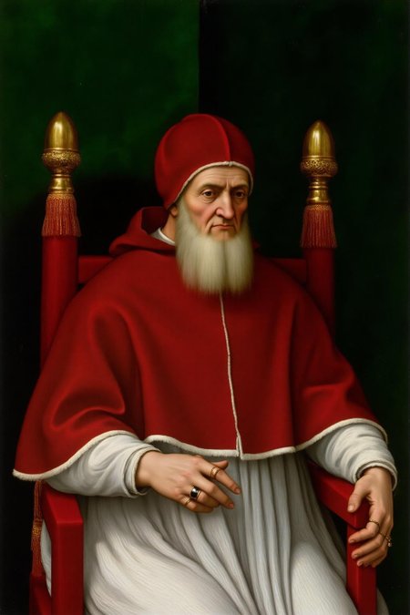 raphael1 painting. A elderly pope is seated on an ornate red throne with golden tassels, dressed in a rich red robe with a white undergarment, and has a long white beard. He is gazing downward slightly in contemplation.  The background is a velvet green.
 <lora:raphael1_cap_d6a3:1.0><lora:843637645730047743:0>