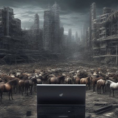 A cityscape of dead horses codeandigital, c0dean0igital, on the back of a computer
