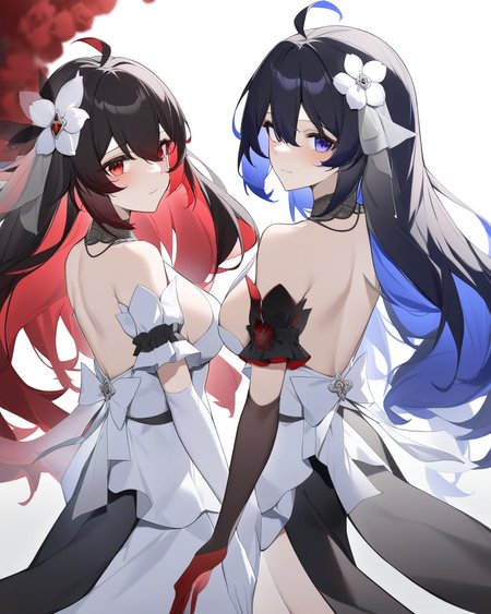 masterpiece,best quality,<lora:honkai_impact_all:1>,2girls, seele vollerei, seele vollerei \(starchasm nyx\), seele vollerei \(stygian nymph\), sideboob, absurdres, back, black dress, closed mouth, dual persona, elbow gloves, highres, honkai \(series\), honkai impact 3rd, looking at viewer, looking back, red gloves, seele \(alter ego\), simple background, sleeveless dress, white background, white dress, white flower, white gloves, yukizawa xueze