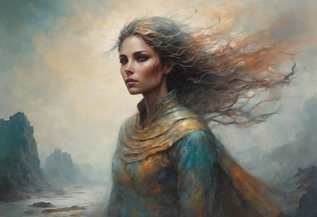 Wind Whisperer woman, controlling air currents, floating gracefully. megalithic structures. muted in color with subtle tones and is an intense fusion of raw emotion and visceral imagery style.