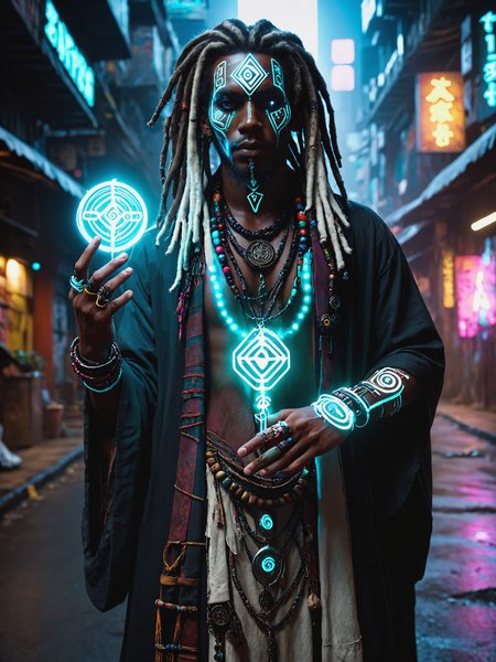 man holding talisman, cyberpunk, glowing runes, Caribbean, white face paint, robe,  jungle,  dread locks, beads, magic, dark skin, mad-vdprst , night, neon signs, garbage, haze, dynamic pose  <lora:Neon_Cyberpunk_Voodoo_Mage_SDXL:0.8>, (masterpiece:1.2), best quality