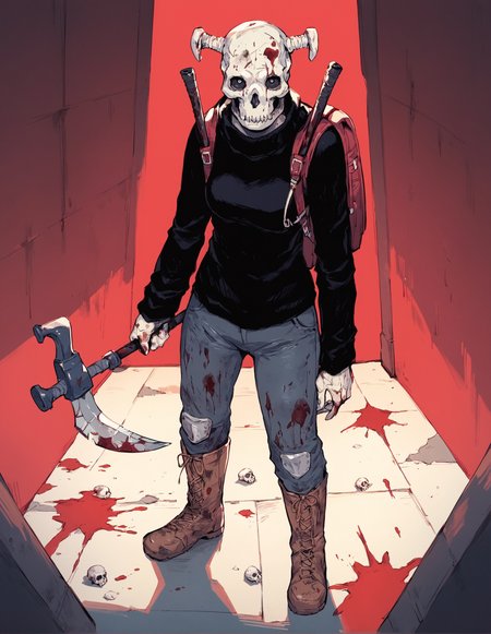 score_9, score_8_up, score_7_up,score_6_up,high resolution,qhayastyle,ebisu,skull mask,1girl,street,rim lighting,dof,solo,pov,scythe,black sweater,pants,boots,backpack,dirty,blood,red background