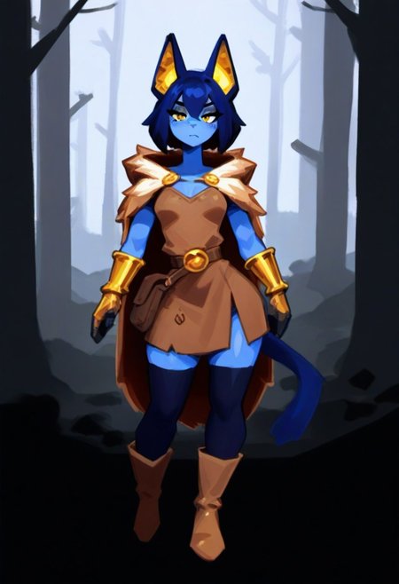<lora:AshFondue_Illustrious_v8:0.9>, no lineart, 
blue cat ears, blue cat tail, (blue skin: 1.4), colored skin, yellow eyes, cat pupils, dark blue hair, medium hair, bobcut, doll joints, bored, jitome, black eyeshadow, flat breasts, medium hips, short, dark blue ears, dark blue tail, gold inner ear, gold details,  thief cloak, fur trim, long sleeve tunic, belt, purse, black leggings, boots, long gloves, long boots, skirt, dirty clothes, dark clothing, brown and black clothes, thick clothes, bracers, rogue, thief, fantasy, woods, hood down, thick gloves, gold forearm bracers,
BREAK masterpiece, best quality, detailed background,