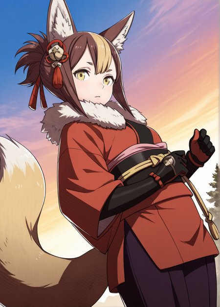 masterpiece, best quality, amazing quality, very aesthetic, absurdres, newest, detailed background, cowboy shot, outdoors, dynamic angle,
fireemblemxd, 1girl, tail, fox ears, solo, animal ears, fox tail, blonde hair, multicolored hair, yellow eyes, gloves, fur trim, brown hair, japanese clothes, two-tone hair, streaked hair, hair ornament,
looking at viewer, dynamic pose, 
 <lora:Fire_Emblem_Style:1>