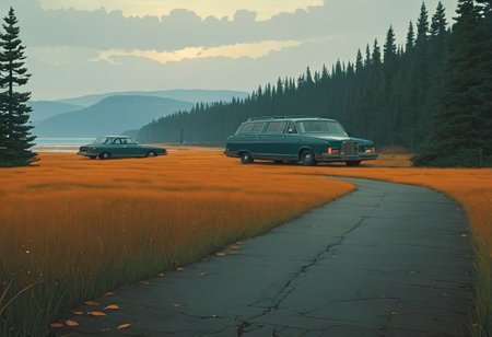 Vibrant (George Tooker) and (Simon Stalenhag) and (Holly Andres) book cover style.
Title: "The Closer".
Life-like details.
Cinematic. Dramatic. Dynamic. 
Pristine Aesthetic.
Enigmatic.
Emotionally Moving.
Moody.
Extremely refined lines and and shapes.
Extremely refined details on objects.
Sharp details.
Complementary colors.
Many details everywhere. Ray-Tracing. Anti-Aliasing. Realistic soft shadows. Low saturation colors. Insane quality. Insane resolution. Insane details. Masterpiece. 32k resolution.