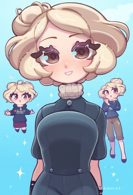 score_9, score_8_up, score_7_up, 1 girls, helena, mangamaster artstyle ,  detailed eyes, chocker, petite body, brown eyes, blonde hair, hair bun,  bracelets, thin eyebrows, dynamic pose, grey sweater, looking at viewer, Day Aannee Style