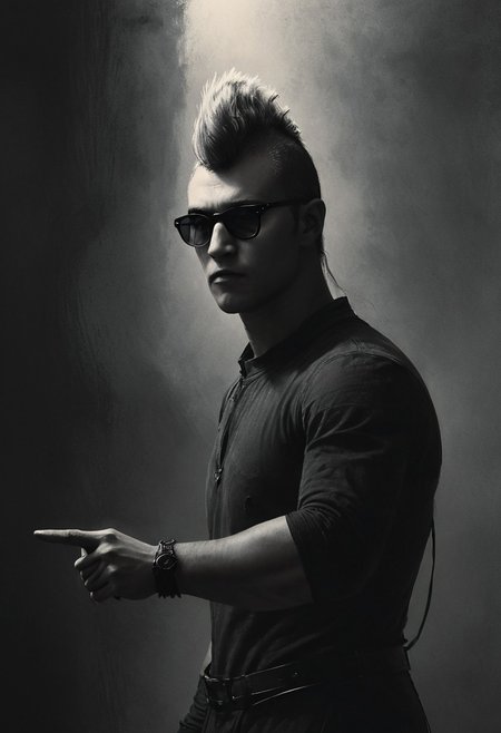 civitametapunkSDXL, 1boy, ash mohawk hair, black suit, dark glasses, pointing with a finger,<lora:MattSchustyle3:0.1> MattSchu,  dark atmosphere <lora:Rafael_DeSoto:1.2> 1960s, Rafael DeSoto style, black and white photo, dramatic photo, low key light, Rembrandt Lighting style, Rembrandt shadow style, Black and white art, black pencil shading, charcoal drawing, toned paper, pencil drawing, brutal dark b/w color scheme