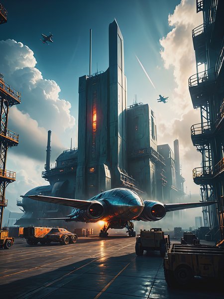 impactful color paint of (futuristic:1.5) a huge military factory made of steel, glass, fog, sun, in the clouds, , futuristic military planes, moody tones, old book style ink cover illustration, on parchment    <lora:Bold_Pop:0.5>  highly detailed, vibrant colors , 8k, sharp, professional, clear, high contrast, high saturated, , vivid deep blacks, crystal clear