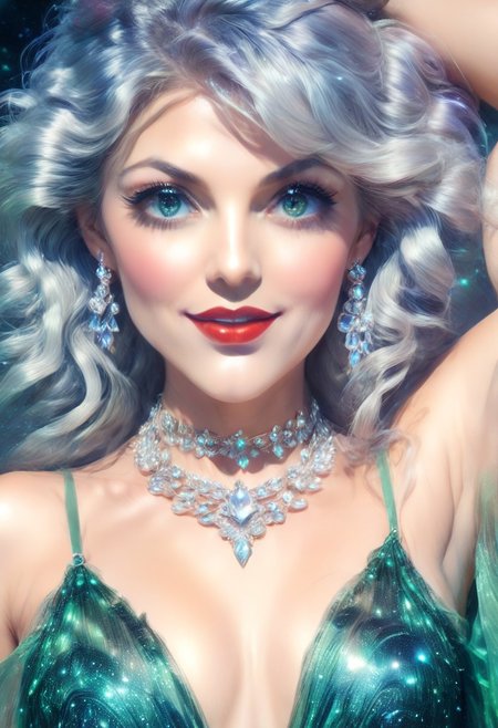 morph-aurora, (close up:2), head portrait,  beautiful tall milf, score_9, score_8_up, score_7_up, score_6_up, score_5_up, score_4_up, UHD, 8K, masterpiece, detailed, ultra_high_resolution, lots of detail, OverallDetailXL, detailxl, Sci-fi Environments, epiCPhotoGasm-colorfulPhoto, 1girl, green eyes, glittering green dress, necklace, flowing long green hair, jewelry, 34 years old, hands behind the head, small waist, fitness body, toned muscles, high cheekbones, oval face, Timm_Style_XL, artist style, Bruce Timm, narrow waist, red lips, gentle smile, big eyes, crystal, gem,sparkle,  She has a warm motherly charm, a wholesome sexiness,  gold and silver accents befitting a Queen,