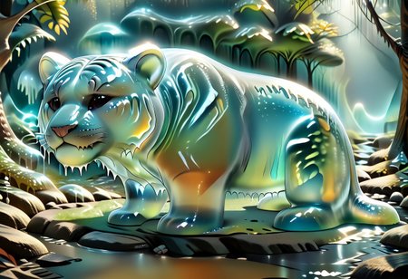 animal_guardian, tiger, a white tiger with black stripes, Tiger made out of slime, slime tiger in a jungle, jungle made out of slime, 
natural light, no bright spots, 
((translucent slime)), ((transparent slime)), made of water, (bioluminescent slime), sl1m3, slime, slime-morph, ais-blmn, saturated colors, no creatures, no humans, no monsters, no pokemon, watce, je11y, gummymorph