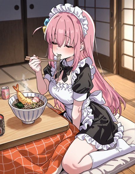 masterpiece,best quality,amazing quality,very aesthetic,absurdres,newest, huge filesize,
<lora:spo_sdxl_10ep_4k-data_lora_webui:0.5>,
 soba, table, eating, kotatsu, noodles, holding chopsticks, bowl, shrimp tempura, steam, kamaboko, food in mouth, hand up, <lora:soba_Illust_v1:0.8> short sleeves, 
1girl, pink hair, maid headdress, instrument, maid, long hair,   cube hair ornament, apron, closed eyes, hair ornament,black maid dress,black bow, no jacket,kneehighs, 
gotoh hitori,
<lora:Yamashita_shunya_STYLE:0.8>  
Yamashita_shunya_STYLE,