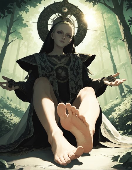 score_9, score_8_up, score_7_up,score_6_up,high resolution,source_anime,mrnd,1girl,forest,blonde hair,long hair,black veil,black robe,mechanical halo,volumetric lighting,rim lighting,sunny,sun,day,dof,solo,close-up,from side,looking at viewer,barefoot,sitting,from below,soles,feet focus