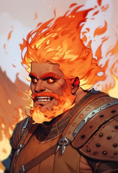 score_9, score_8_up, score_8, score_7_up, score_7, score_6_up, score_6, score_5_up, Score_5, broad handsome dwarf, (fire hair, hair made out of fire, beard mad out of fire, fire beard:1.3), fire hair, colored sclera, dark skin, (long beard, full beard, big bushy beard, :1.6), (bronze skin:1.3), welding goggles covering eyes, (no eyes), black armor, intense expression, scowl, vox machine style, 1boy, male focus, solo, portrait, fantasy, volcano background, lava, red and orange lighting, heavy shadows, (dynamic lighting:1.4)
((masterpiece))