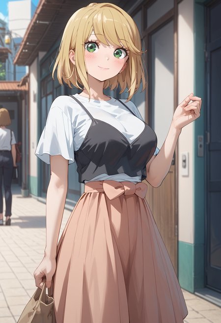 score_9, score_8_up, score_7_up, score_6_up, score_ANIME,desumi, 1girl, solo, green eyes, blonde hair, skirt, smile, bob cut, camisole, , blush, , closed mouth, white shirt, swept bangs, standing, cowboy shot,  looking at viewer,  <lora:magahara_desumi_pony2:1> large breasts,