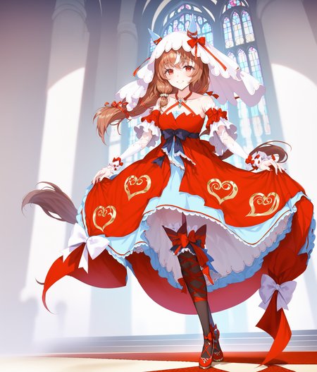 score_9, score_8_up, score_7_up, source_anime, 2D, anime BREAK
masterpiece, highly_detailed, highres, 
church, dark, night, dynamic pose, dress_lift, 
shobofuku, <lora:StillinLove_v1-ponyXL:1>, full body, 
1girl, 17 years old, mature, tall, solo, red eyes, bare shoulders, small breasts, horse ears, horse tail, yandere, yandere trance, 
bangs, eyebrows visible through hair, long brown hair, streaked hair, hair between eyes, hair scrunchie, veil, 
criss-cross halter, red dress, detached sleeves, black thighhighs, ribbon leg wrapping, (red footwear), 
dress bow, ribbon, bow, red bow, jewelry, (red nails), 
smile, blush, standing,